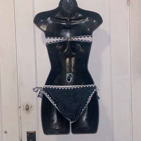 New Art Deco Print Halter Bandeau 2 Piece Bikini Swimsuit Set Black White M - Picture 9 of 13